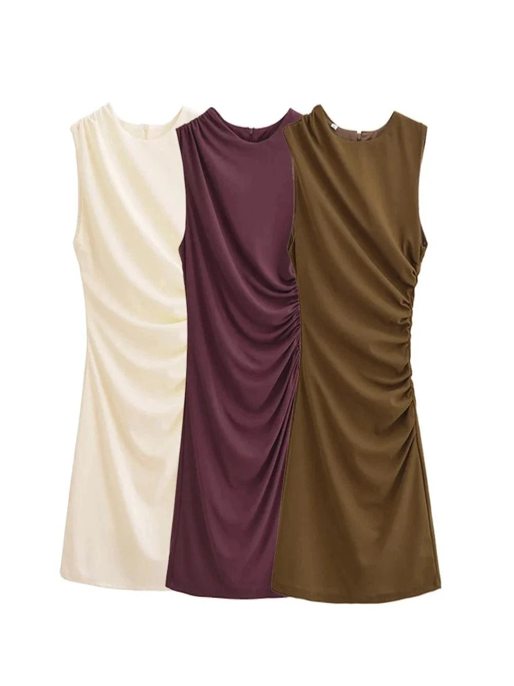 Robes courtes drapées sans manches en beige, bordeaux et marron