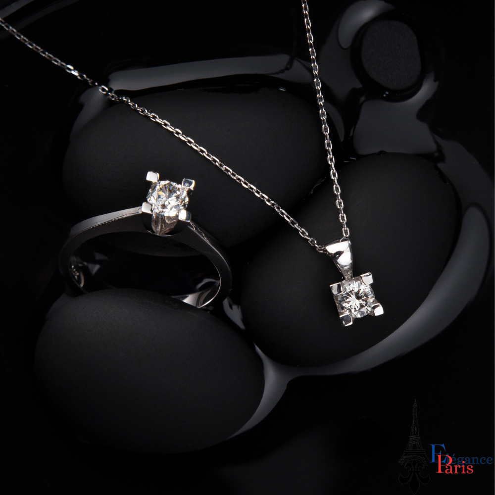 Bague et pendentif en argent avec zircon cubique, élégance parisienne