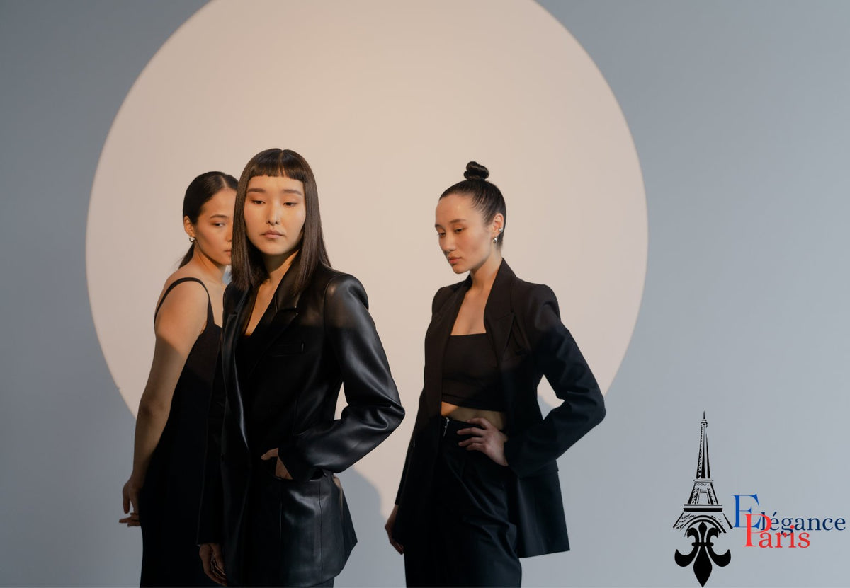 Trois femmes en tenues élégantes noires, blazer et robe, style parisien chic pour une mode féminine tendance