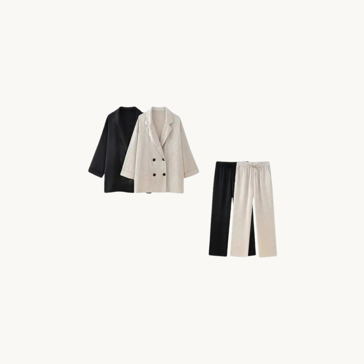 Ensemble blazer et pantalon effet plissé, beige et noir – Elegance Paris