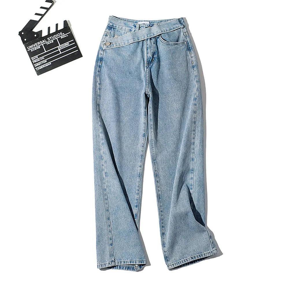 Jeans large bleu clair à taille haute, style chic et décontracté pour femme