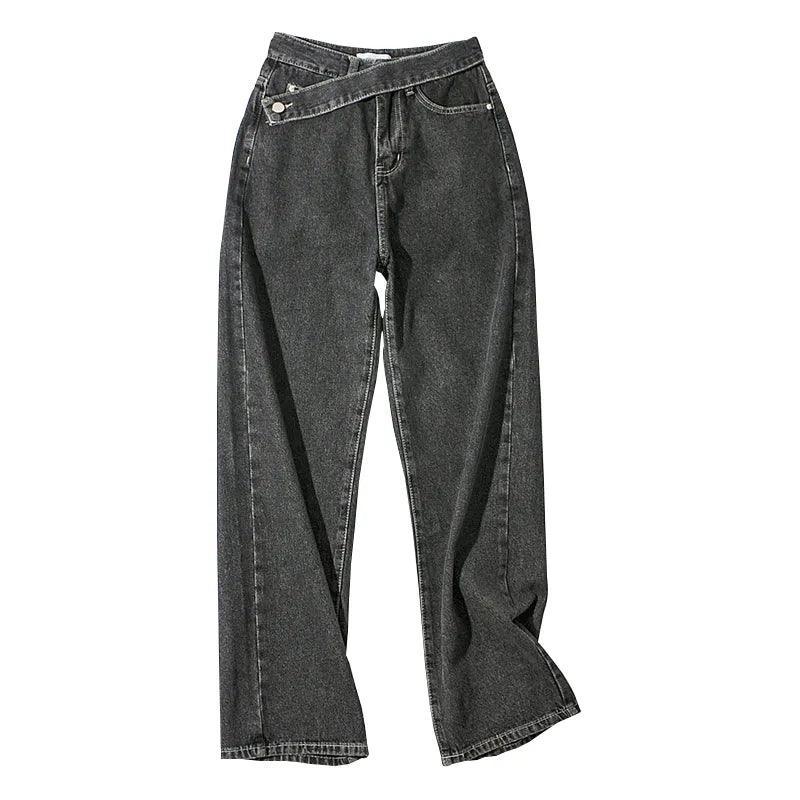 Jeans larges gris foncé à taille haute, style chic et tendance pour femme