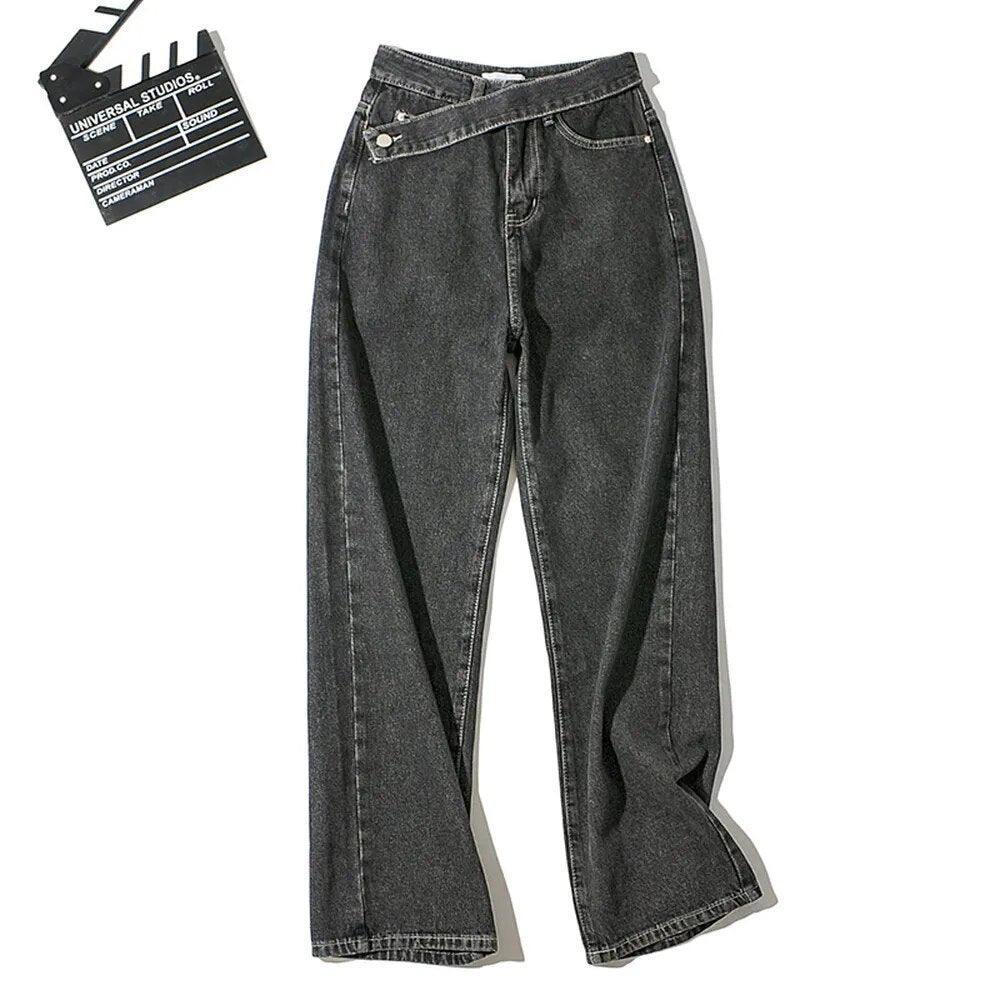 Jeans gris foncé à taille haute et coupe large, style mode féminine chic et abordable