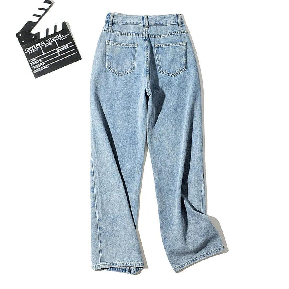 Jeans larges bleu clair à poches arrière, style chic et décontracté pour femme
