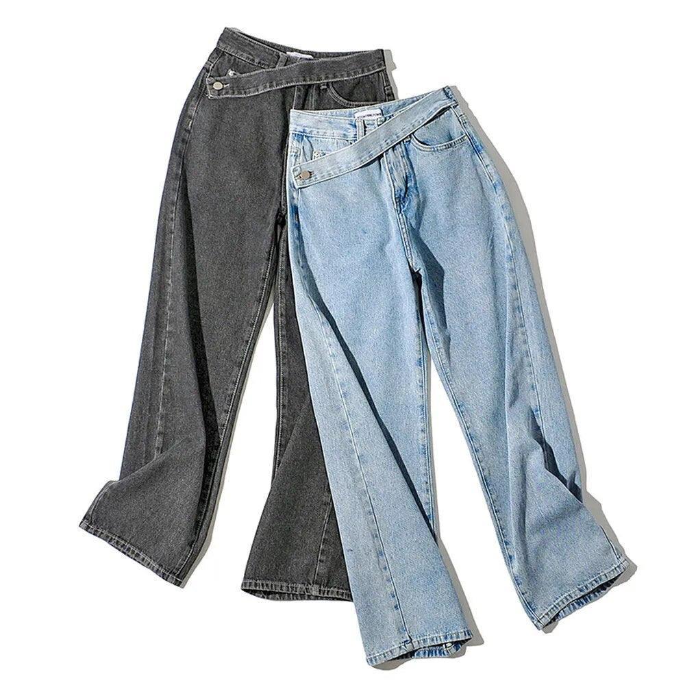 Jeans larges femme en denim bleu clair et gris, coupe ample et tendance