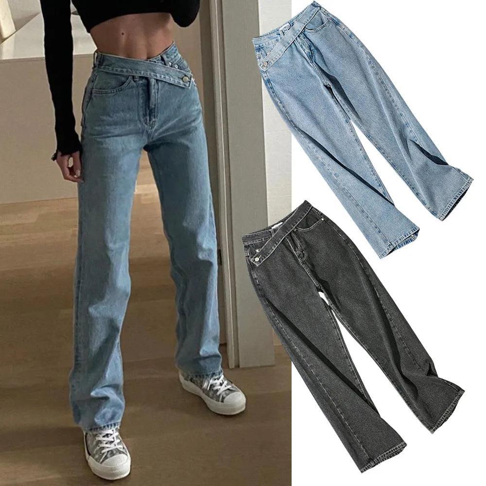 Jeans larges femme bleu clair et gris, coupe ample et tendance, idéal pour un look chic et confortable