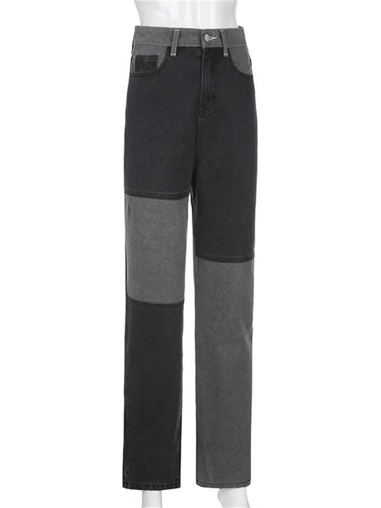 Jeans droit femme noir et gris, coupe élégante et tendance, mode féminine abordable