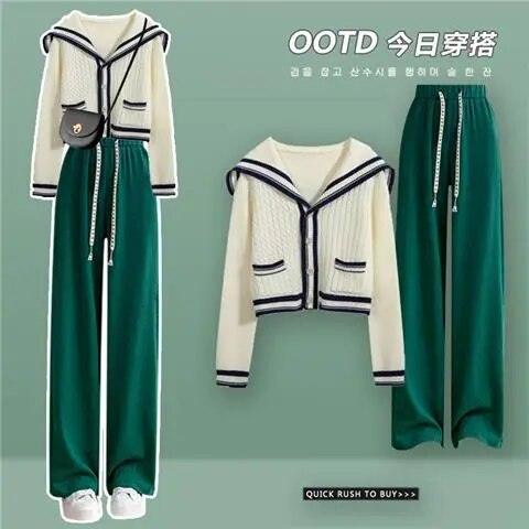 Ensemble cardigan col marin et pantalon large – bleu vert
