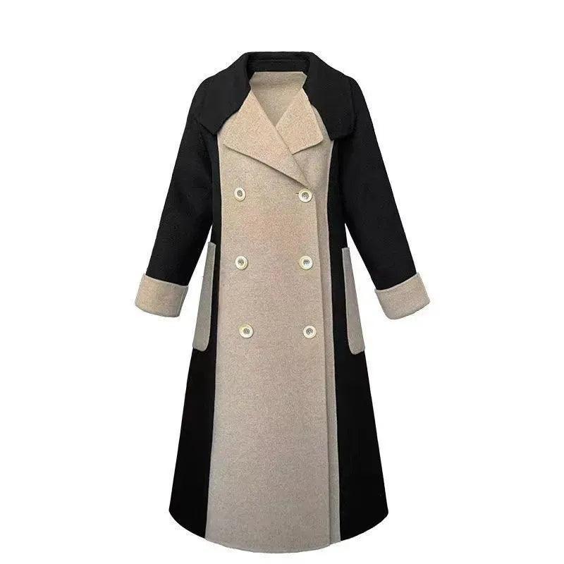 Manteau long femme chic à double boutonnage, beige et noir, élégant et tendance