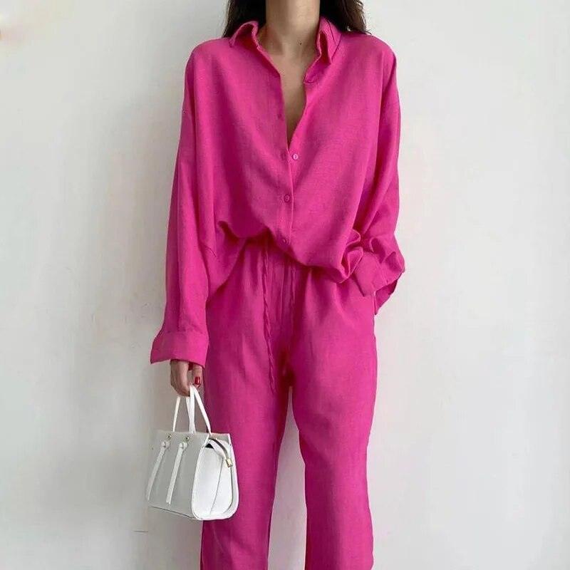 Ensemble chemise et pantalon uni – rose