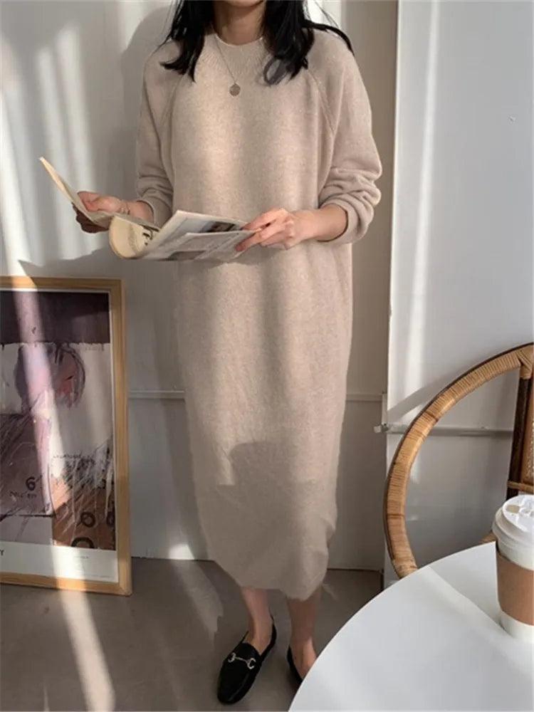 Robe pull longue en maille – kaki
