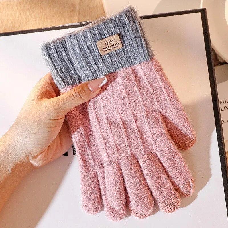 Gants d'hiver rayés en maille – rose