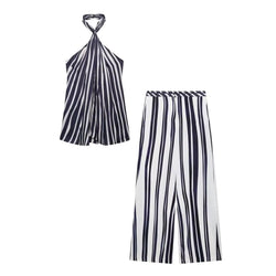 Ensemble Décontracté Femme - Pantalon Large Rayé et Haut Halter