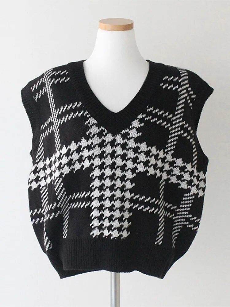 Gilet tricoté noir et blanc à motif écossais, col en V, style chic et tendance