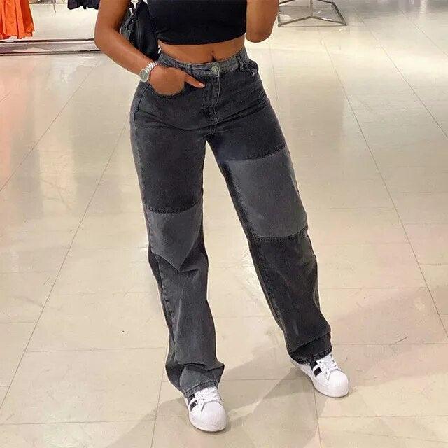 Jeans larges gris à patchs, style chic et tendance pour femme, idéal pour un look décontracté élégant