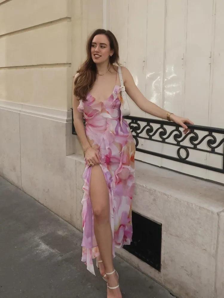 Robe mi-longue, tenue imprimée, fendue