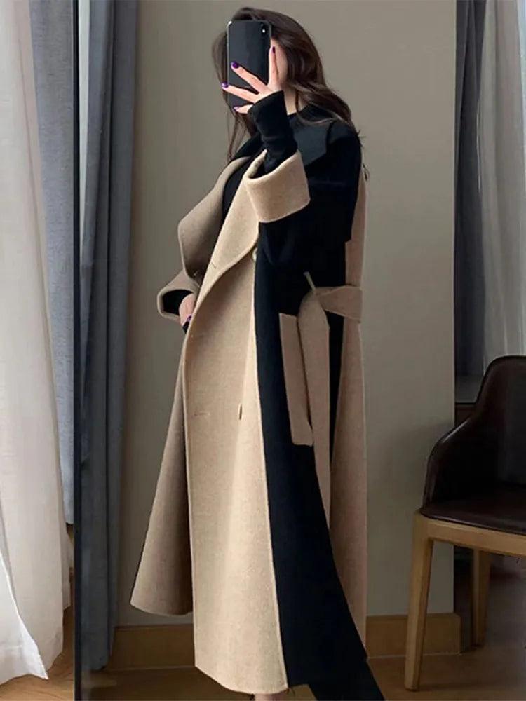Manteau long beige élégant à ceinture, mode féminine chic et abordable