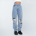 Jeans déchirés bleu clair à taille haute, style streetwear féminin chic