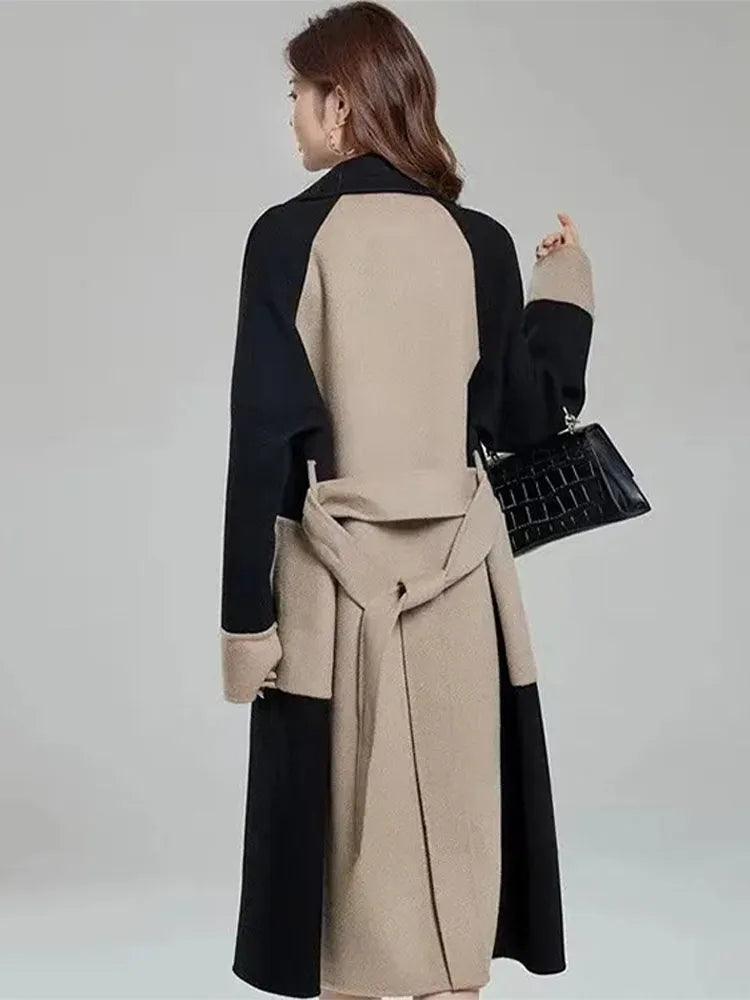 Manteau long femme à blocs de couleur beige et noir, ceinture nouée, style élégant et chic