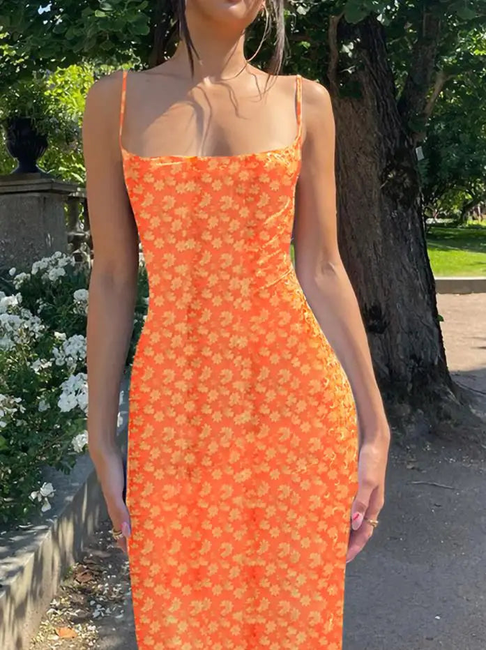 Robe longue dos nu fleurie orange – orange