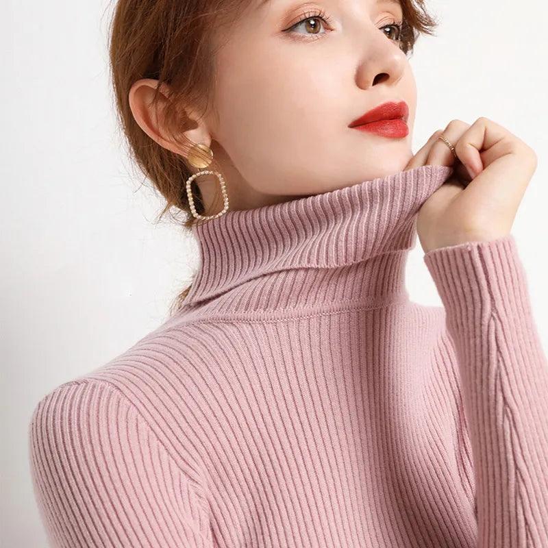Pull col roulé fin et doux – rose