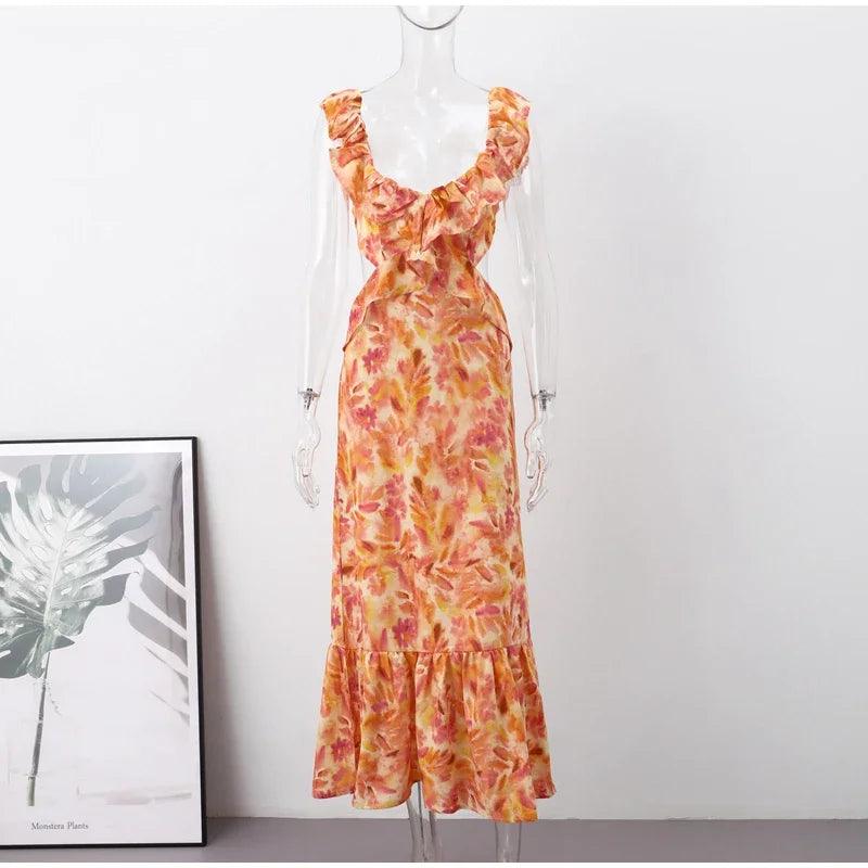 Robe longue imprimée, manches papillon, ajourée, à bandes