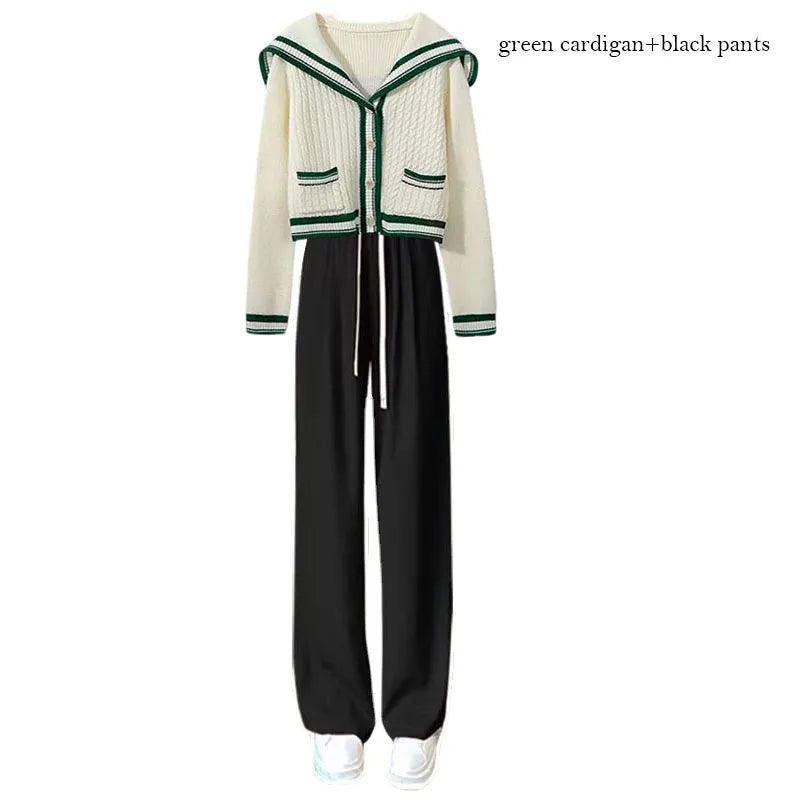 Ensemble cardigan col marin et pantalon large – vert et noir