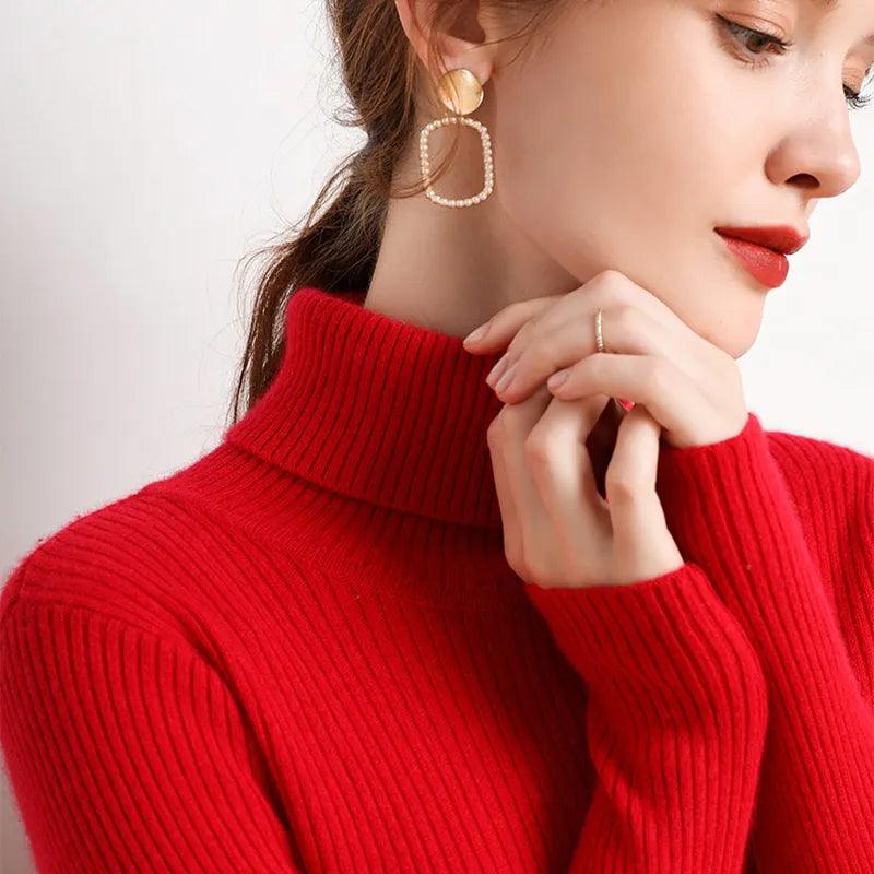 Pull col roulé fin et doux – rouge