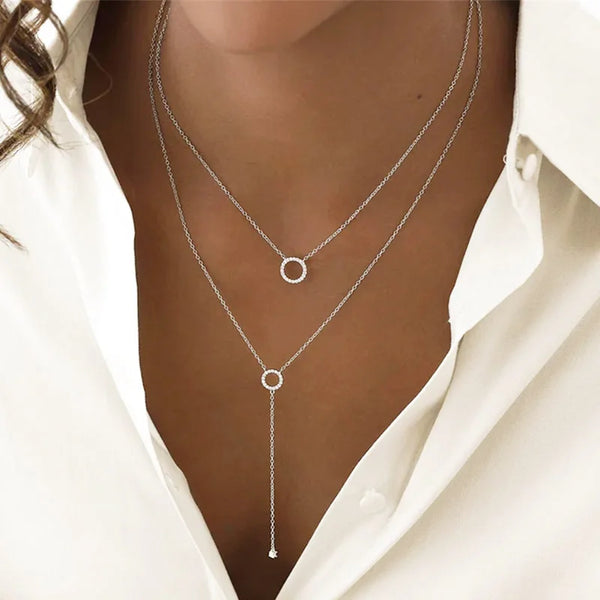 Collier Choker en Argent 925 avec Pendentif Double-Cercle et Zircon – Élégance Raffinée pour Femmes