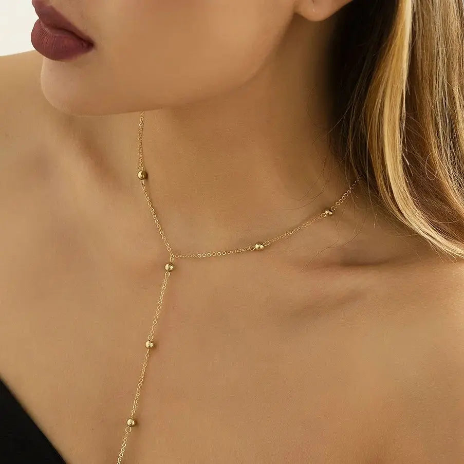 Collier ras du cou en Y à billes dorées – vue 3