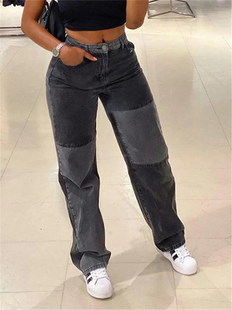 Jeans larges gris à patchs, mode féminine chic et tendance