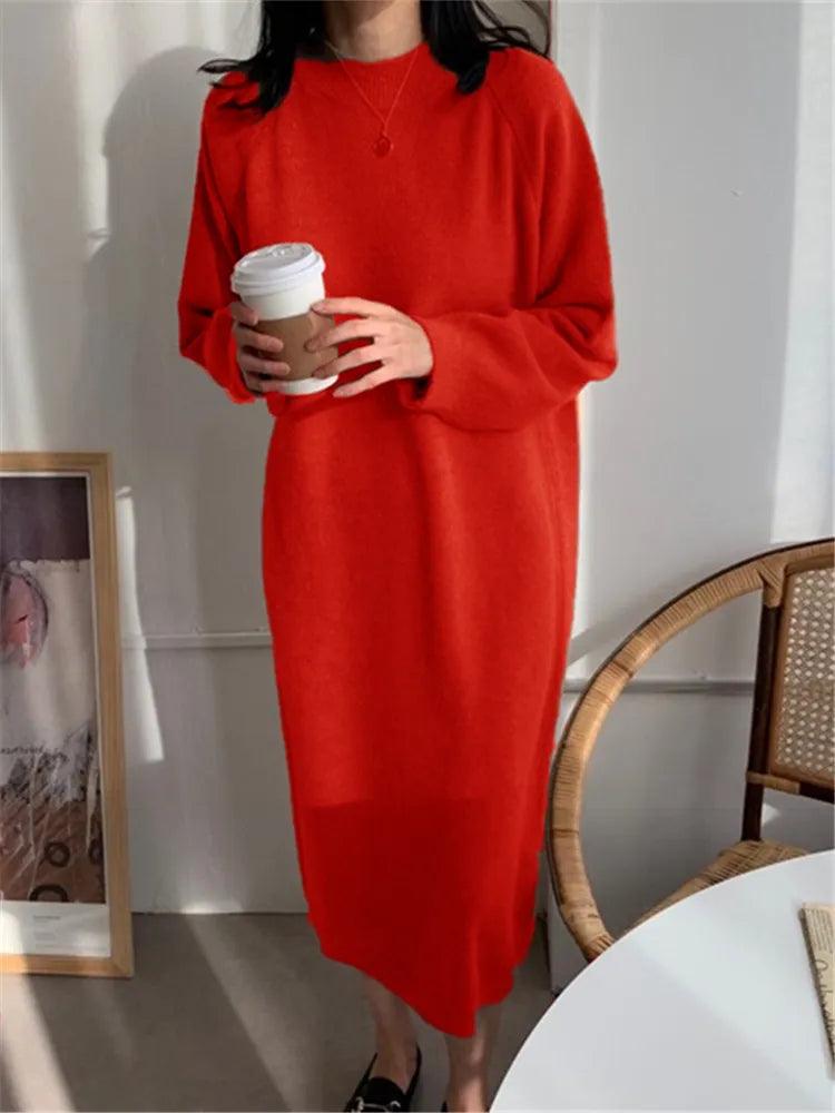 Robe pull longue en maille – rouge