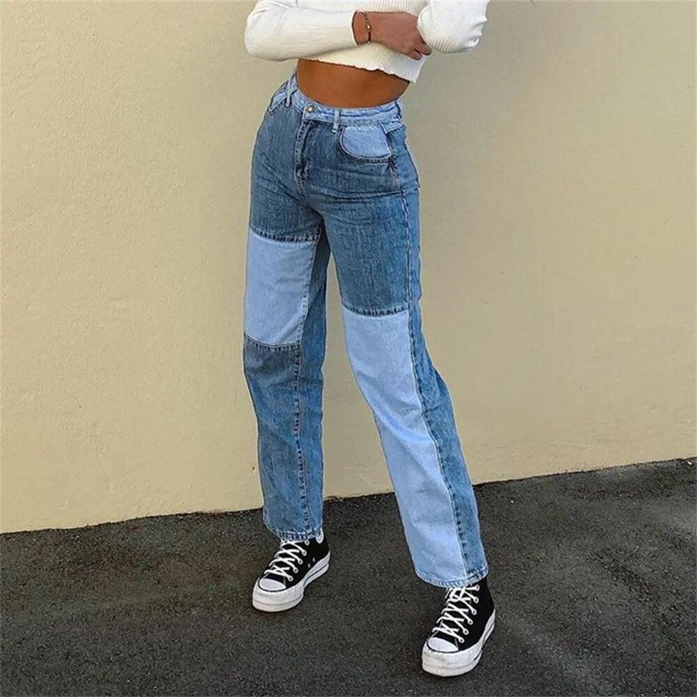 Jeans patchwork bleu clair et foncé, coupe large, style chic et tendance pour femme