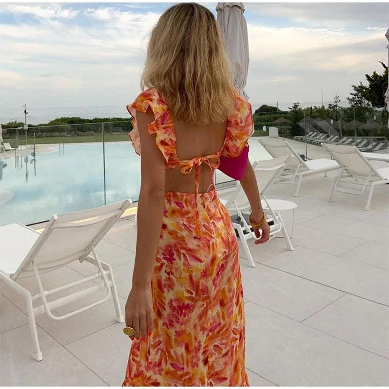 Robe longue imprimée, manches papillon, ajourée, à bandes