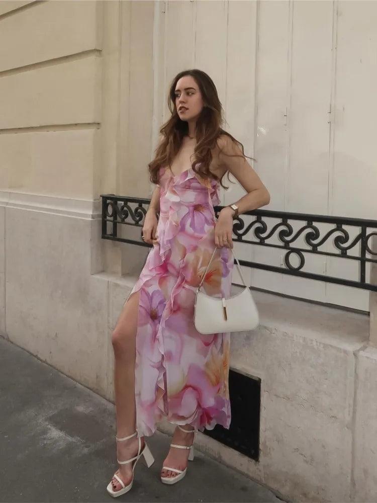 Robe mi-longue, tenue imprimée, fendue