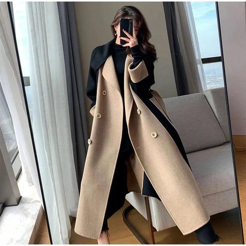 Manteau long beige à double boutonnage, élégant et chic pour femme, style parisien
