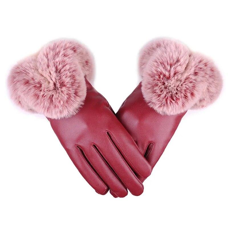 Gants en simili cuir et fausse fourrure – bordeaux