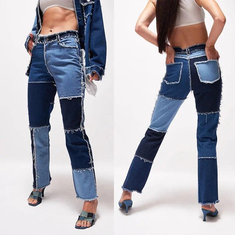 Pantalon jean patchwork femme, coupe large, détails effilochés, style chic et tendance