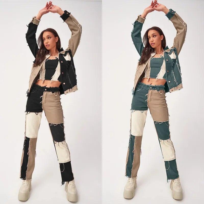 Tenue décontractée chic avec veste et pantalon patchwork color block, mode féminine tendance