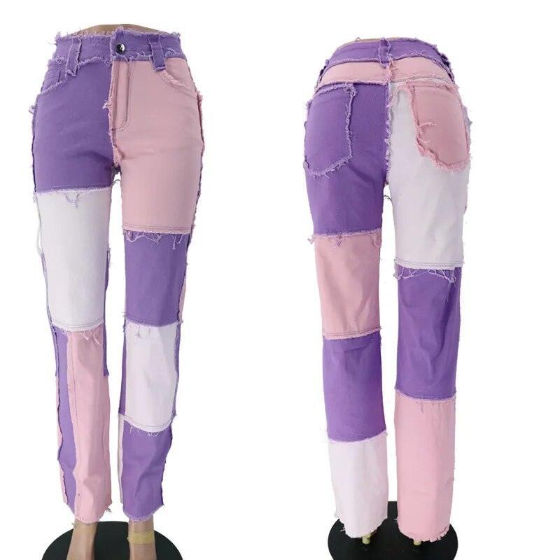 Pantalon jean patchwork violet rose blanc, coupe déchirée, mode féminine tendance