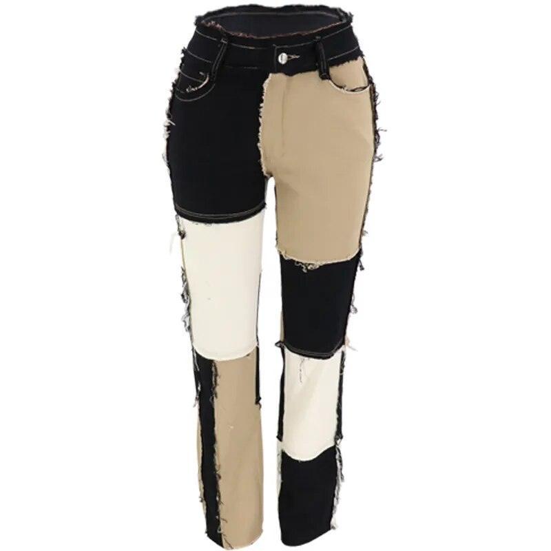 Pantalon déchiré patchwork noir beige blanc, mode féminine chic et tendance