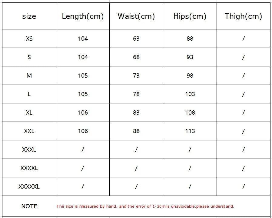 Tableau des tailles pour robe féminine chic, mesures en cm : longueur, taille, hanches, cuisse. Tailles XS à XXXXL.