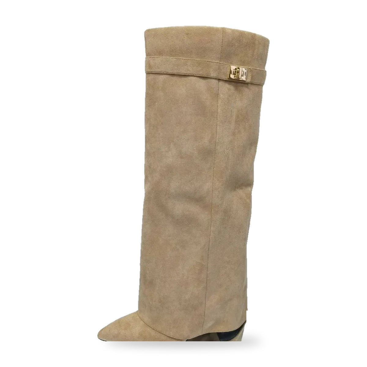 Bottes hautes à revers femme suédine beige sable, talon carré et fermoir doré, sur fond blanc