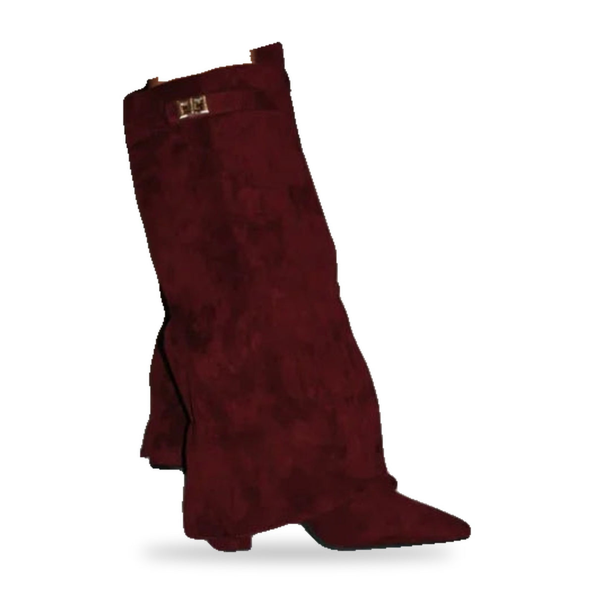 Bottes hautes à revers femme suédine bordeaux, talon carré et fermoir doré, sur fond blanc