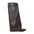 Bottes hautes à revers femme chocolat effet cuir, talon carré et fermoir doré, sur fond blanc