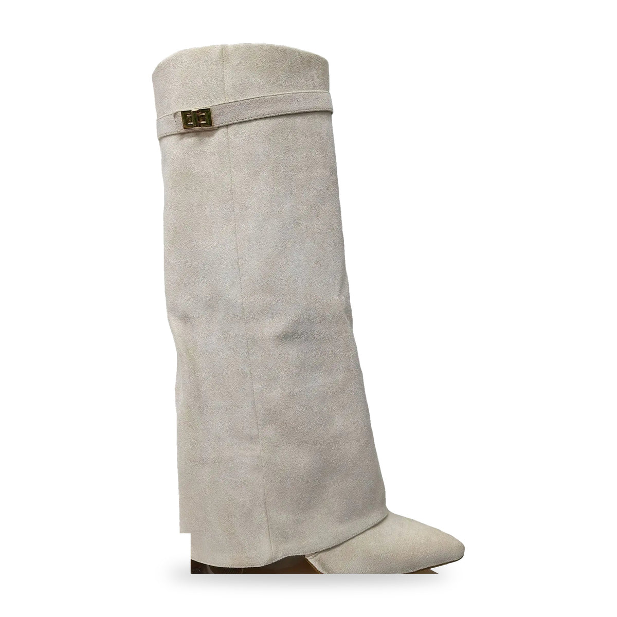 Bottes hautes à revers femme suédine crème, talon carré et fermoir doré, sur fond blanc