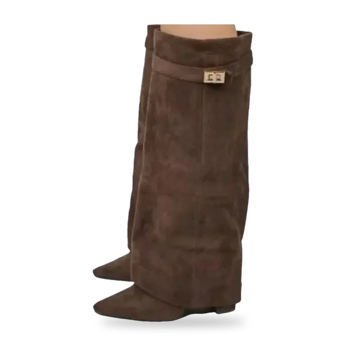 Bottes hautes à revers femme suédine marron, talon carré et fermoir doré, sur fond blanc